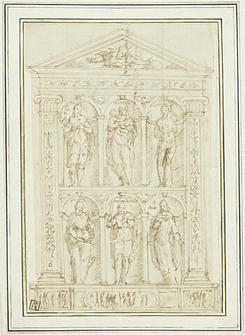 Projet de retable sculpté avec la Vierge entourée des saint Roch, saint Sébastien, saint Pierre, saint Barthélemy et saint Antoine, image 2/2