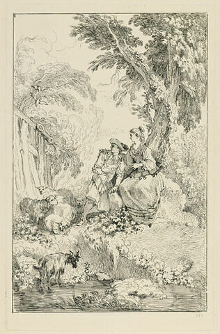 Berger et bergère assis sous un arbre