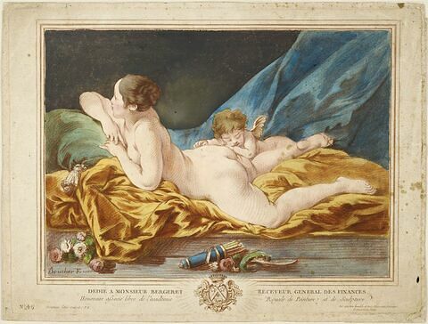 Femme nue étendue sur le ventre avec un Amour