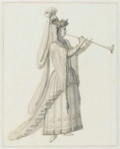 Costume pour le joueur d'instrument déguisé en femme pour la scène du sacrifice de "Thésée"