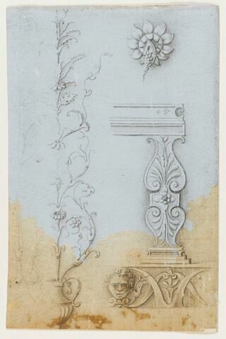 Motifs de rinceaux, détail du tône de Jupiter et frise décorative avec un masque d'homme