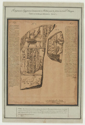 Deux fragments de stèles ornés de hiéroglyphes, avec sur les côtés, l'explication des motifs et des signes