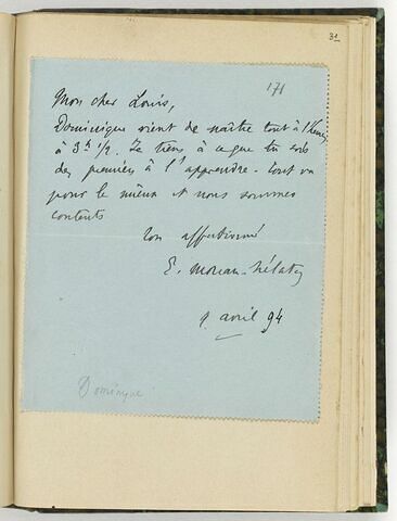 9 avril 1894, sans lieu, à Louis de Launay