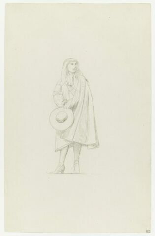 Personnage masculin en costume du XVIIe siècle, de face, tenant un chapeau. Etude pour la Réception du Grand Condé à Versailles.