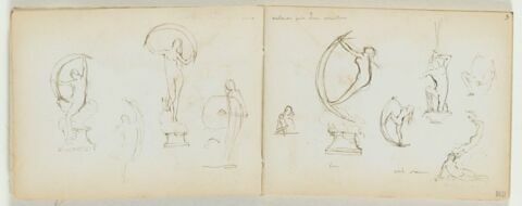 Six croquis de figures nues dont deux se retenant aux extrémités d'un croissant de lune