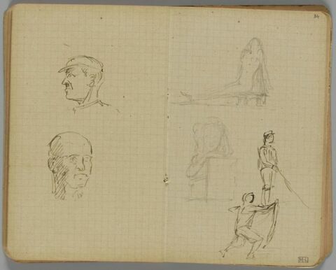 Quatre croquis : femme nue assise sur le sol ; buste de femme ; pêcheur, de profil à droite ; homme avançant vers la droite, tenant un bâton