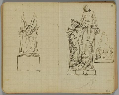 Projet de sculpture avec une figure assise sur le rebord d'un muret (?) et deux figures en contrebas tendant les bras. Petit croquis de figure en bas