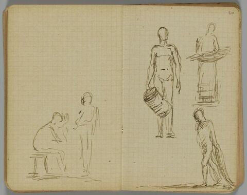 Trois croquis : femme debout, de face, tenant un panier ; homme nu debout, de face, tenant un seau ; homme nu avançant vers la gauche