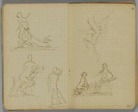 Trois croquis. Femme nue tirant un animal par les pattes avant ; femme nue assise sur un tronc d'arbre incliné ; homme nu, de face, bras gauche replié