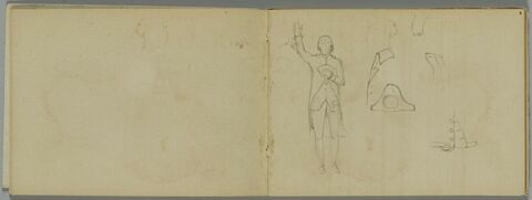 Croquis de la figure de Bailly prétant serment ; détails du tricorne, revers du col, boutons