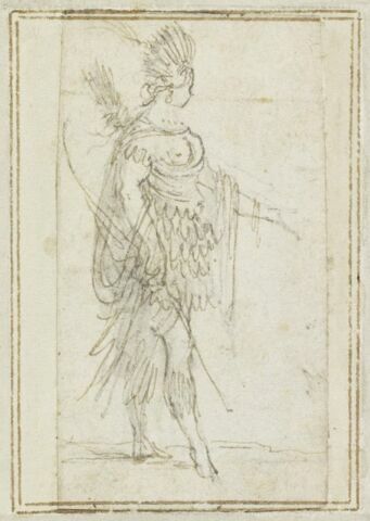 Projet de cartes à jouer : Femme de profil, coiffée de plumes, portant un pagne, un arc et des flèches