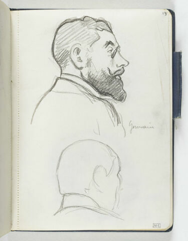 En haut, homme vu en buste, de trois quarts à droite, avec moustache, barbe et petites lunettes. En bas, croquis inachevé d'une tête d'homme, de dos, de trois quarts à droite