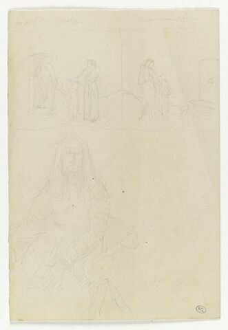 Croquis d'après les maîtres : le mauvais riche, et femme en costume médiévale assise, de face