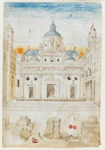 Façade d'une église Renaissance avec, au premier plan, des ruines antiques et des fruits