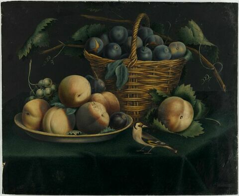 Nature morte avec prunes, pêches et un chardonneret