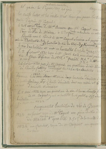 Notes : suite des achats de vin, années 1821, 1822, 1823, 1824...