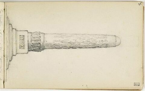 Etude pour le Monument au travail : élévation de face d'une colonne de section circulaire, avec emmarchement, socle orné d'un relief, anneau à la base du fût creusé de niches habitées de statues et trophées sur le fût