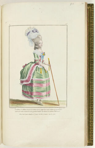 Circassienne de taffetas à bandes de rubans avec la juppe d'une autre couleur garnie de gaze à petits plis ronds, et ornée de trois grandes bandes de rubans de couleurs différentes.