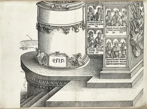 L'arc de triomphe de Maximilien: socle de la tour gauche; souverains et trophées