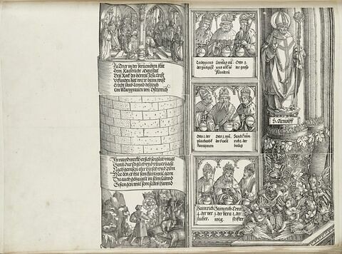 L'arc de triomphe de Maximilien : suite de la tour de gauche, des souverains et figure de Saint Arnulf