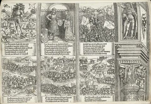 L'arc de triomphe de Maximilien : le jeune Maximilien, mariage de Maximilien et Marie de Bourgogne, scènes de bataille