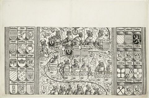 L'arc de triomphe de Maximilien : Armoiries et partie centrale de l'arbre généalogique
