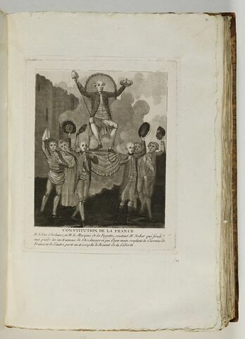 Constitution de la France. / M. le Duc d'Orleans, et M. le Marquis de la Fayette, soutient M. Neker qui foule / aux pieds les instrumens de l'Esclavage et qui d'une main soutient la couronne de / France et de l'autre porte en triomphe le Bonnet de la Liberté.