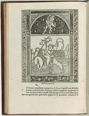 Fable du lion allant à la chasse avec un agneau, une chèvre et un boeuf