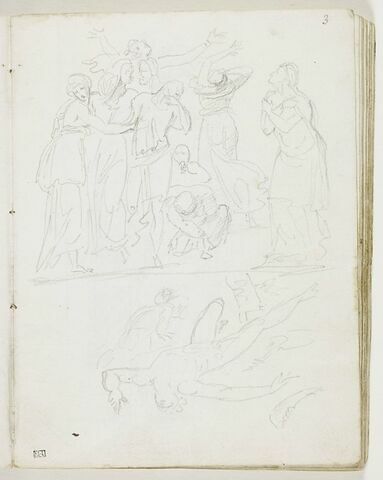 Scène de déploration, avec dix figures d'hommes et de femmes : détail d'une 'Descente de Croix' » ; deux figures d'hommes, l'un de dos, fuyant ver le fond, l'autre mort, allongé sur le dos : 'Samson tuant les Philistins'