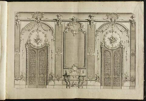 Décor d'intérieur : lambris, portes, table et miroir