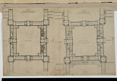 Projet pour le Louvre. Plan du rez-de-chaussée et du premier étage des bâtiments de la Cour carrée vers 1661