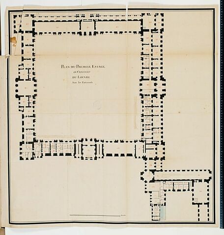 Plan du premier étage des bâtiments de la Cour carrée du Louvre et autour de la petite Galerie, avec les entresols