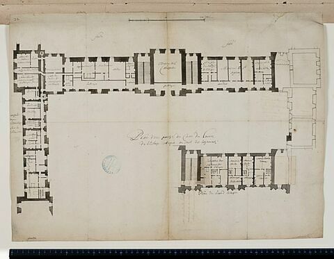 Plan du premier étage des bâtiments de l'aile occidentale et de la partie ouest de l'aile sud de la Cour Carrée du Louvre, avec l'indication des logements des personnages de la cour, vers 1676