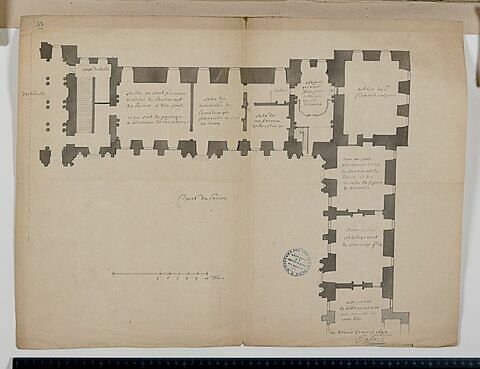 Plan du rez-de-chaussée des appartements de l'Académie française et des pièces attenant de l'aile nord de la Cour Carrée du Louvre, 1692