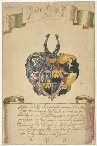 Blason et dédicace. Feuille extraite de l'album amicorum de la famille Rechlinger