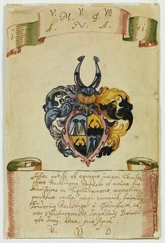 Blason et dédicace. Feuille extraite de l'album amicorum de la famille Rechlinger, image 2/2