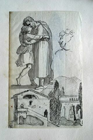 Homme et jeune garçon enlacés, croquis d'une tête en raccourcis et paysage montagneux avec, au premier plan, une villa dans un jardin, image 3/3