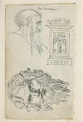 Deux têtes d'hommes barbus, l'une de face et l'autre de profil vers la droite ; autel funéraire portant des inscriptions encadrant une niche rectangulaire, avec un personnage drapé (le défunt) entouré de quatre anges