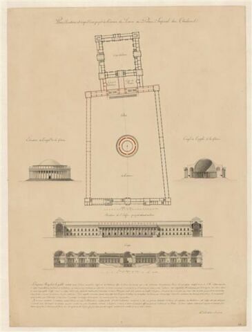 Plans, élévation et coupes d'un projet de réunion du Louvre au palais impérial des Tuileries