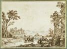 Paysage avec un temple ruiné, des fermes fortifiées et des paysans, image 1/3