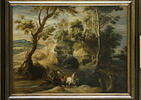 Paysage avec attelage passant un gué, image 1/8