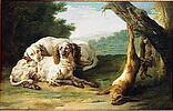 Deux chiens couchés gardant du gibier mort, image 1/2