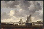 Deux grandes barques à voiles sur un fleuve et bestiaux près de la rive, image 4/5