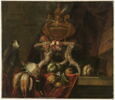 Nature morte avec cassolette, fruits, gibier et singe vervet, image 1/2