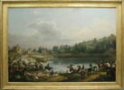 Chasse au daim pour la Saint-Hubert, en 1818, dans les bois de Meudon. Le passage de l'eau dans l'étang de Ville-d'Avray, en présence du comte d'Artois (futur Charles X) et du duc de Berry, image 2/7