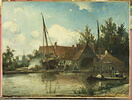 Cours d’eau hollandais avec une grosse barque au calfatage, image 1/4