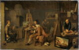 Atelier de peintre avec broyeur de couleurs et modèle en train de poser, image 2/3