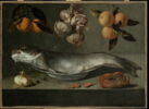Nature morte au poisson avec crabe, crevettes, oignons et oranges, image 1/3
