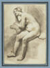 Femme nue, assise, accoudée sur un coussin, riant, image 1/2