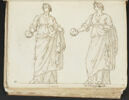 Femme debout drapée, la tête couronnée, tenant un masque..., image 1/2